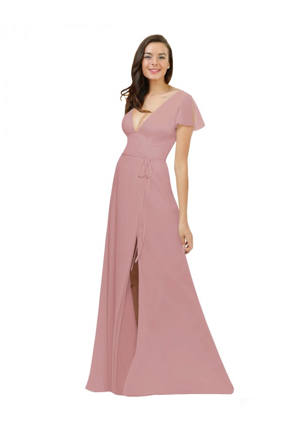 Vendeurs de Rose poussiéreux Trapèze Col V Mousseline Longue Robes demoiselle d'honneur