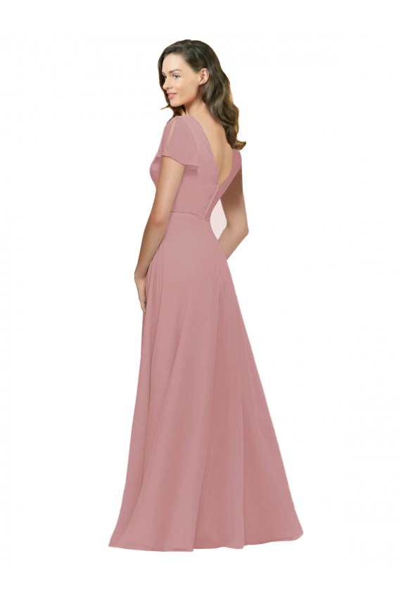 Vendeurs de Rose poussiéreux Trapèze Col V Mousseline Longue Robes demoiselle d'honneur
