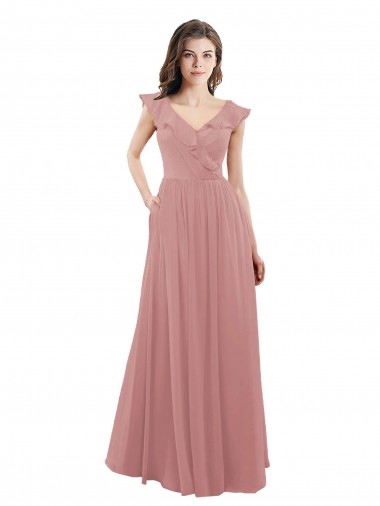 Vendeurs de Rose poussiéreux Trapèze Col V Mousseline Longue Robes demoiselle d'honneur