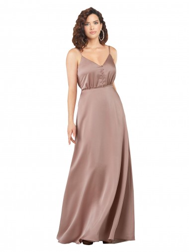 Vendeurs de Rose poussiéreux Trapèze Col V Satiné Soyeux Longue Formelles Robes demoiselle d'honneur / Robes de soirée
