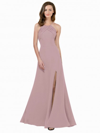 Vendeurs de Rose poussiéreux Trapèze Col bijou Col Haut Crêpe Stretch Longue Robes demoiselle d'honneur / Robes de bal