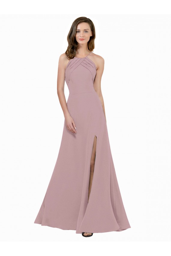 Vendeurs de Rose poussiéreux Trapèze Col bijou Col Haut Crêpe Stretch Longue Robes demoiselle d'honneur / Robes de bal