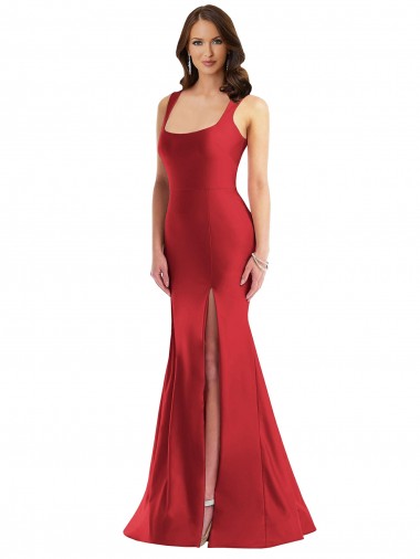 Vendeurs de Rouge Sirène Col Carré Satiné Soyeux Longue Formelles Robes demoiselle d'honneur / Robes de soirée / Robes de bal