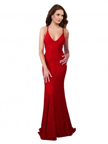 Vendeurs de Rouge Sirène Col V Dentelle Longue Formelles Robes demoiselle d'honneur / Robes de soirée / Robes de bal