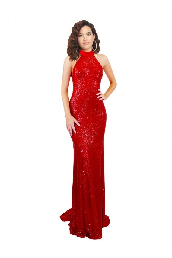 Vendeurs de Rouge Sirène Licou Col Haut Paillette Longue Formelles Robes demoiselle d'honneur / Robes de soirée / Robes de bal