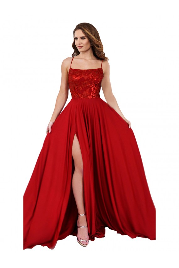 Vendeurs de Rouge Trapèze Bretelles spaghetti Col Carré Spandex Dentelle Longue Robes demoiselle d'honneur / Robes de bal