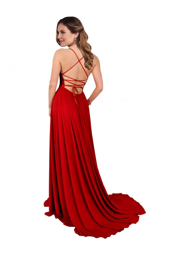 Vendeurs de Rouge Trapèze Bretelles spaghetti Col Carré Spandex Dentelle Longue Robes demoiselle d'honneur / Robes de bal