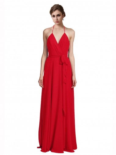 Vendeurs de Rouge Trapèze Bretelles spaghetti Col V Mousseline Longue Robes demoiselle d'honneur