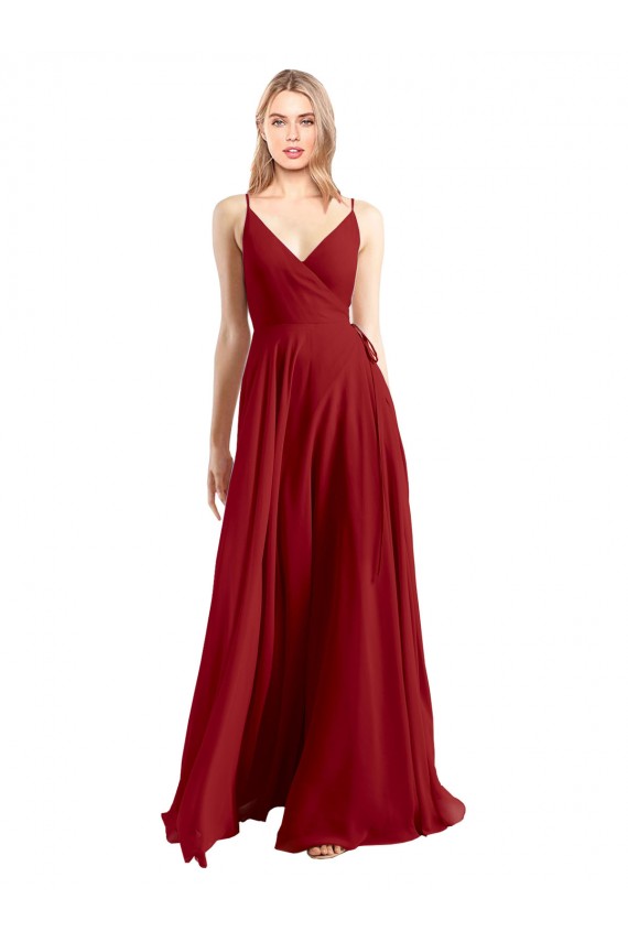 Vendeurs de Rouge Trapèze Bretelles spaghetti Col V Mousseline Longue Robes demoiselle d'honneur