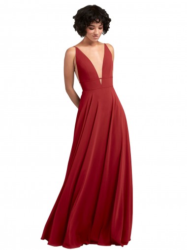 Vendeurs de Rouge Trapèze Col V Mousseline Longue Robes demoiselle d'honneur