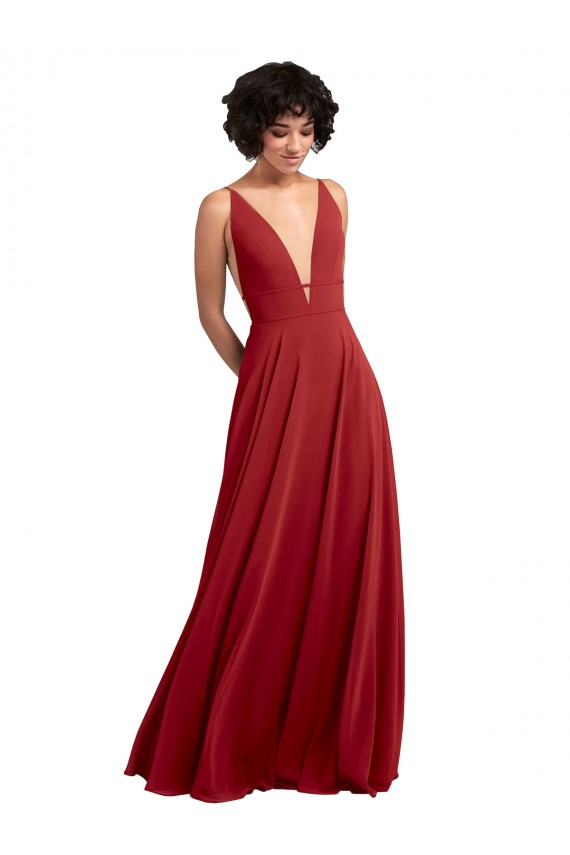 Vendeurs de Rouge Trapèze Col V Mousseline Longue Robes demoiselle d'honneur