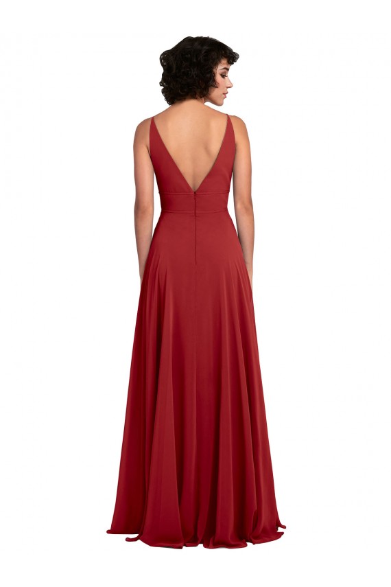 Vendeurs de Rouge Trapèze Col V Mousseline Longue Robes demoiselle d'honneur