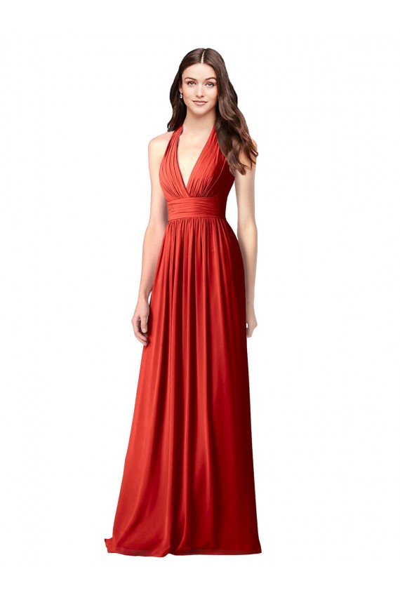 Vendeurs de Rouge Trapèze Licou Col V Mousseline Longue Robes demoiselle d'honneur