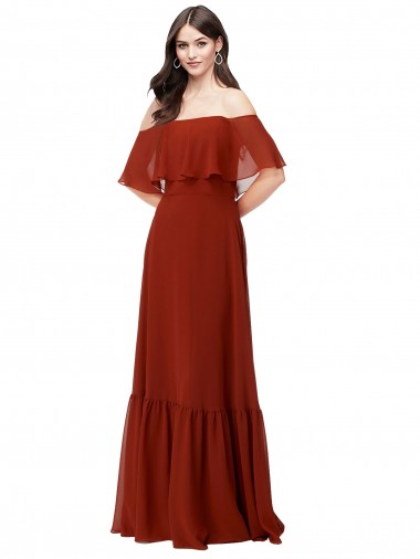 Vendeurs de Rouge Trapèze Épaule Dénudée Mousseline Longue Robes demoiselle d'honneur