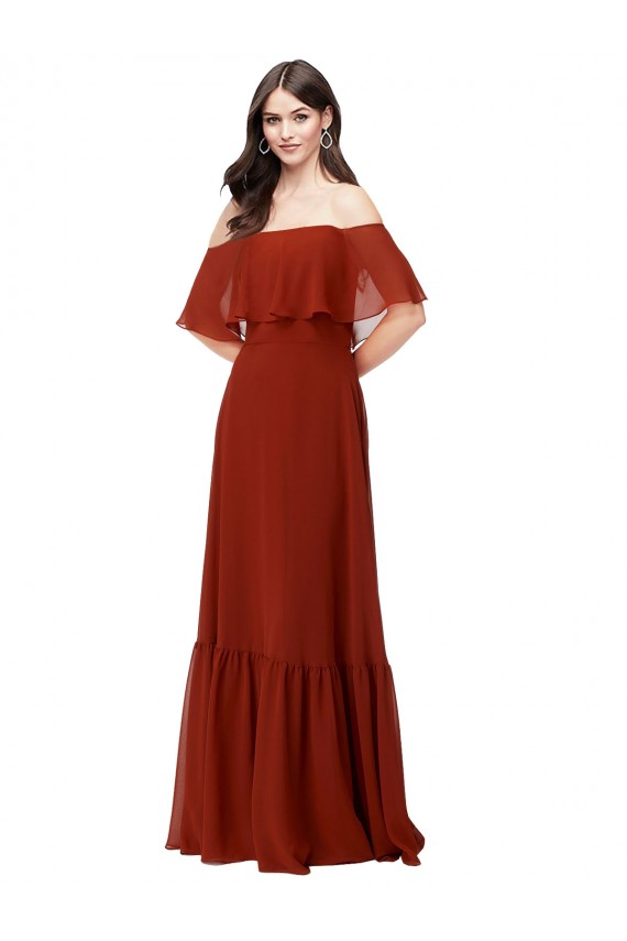 Vendeurs de Rouge Trapèze Épaule Dénudée Mousseline Longue Robes demoiselle d'honneur