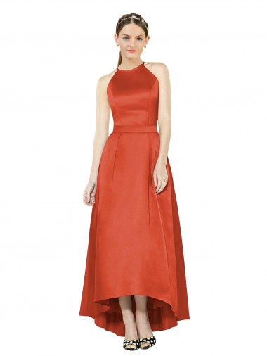 Vendeurs de Rouge Épice Trapèze Licou Satiné Longue Asymétrique Robes demoiselle d'honneur
