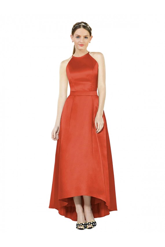Vendeurs de Rouge Épice Trapèze Licou Satiné Longue Asymétrique Robes demoiselle d'honneur