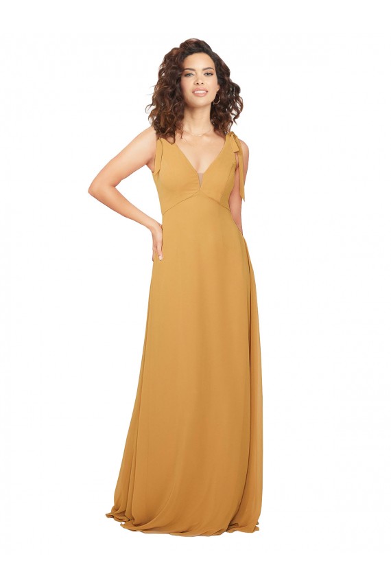 Vendeurs de Safran Trapèze Col V Mousseline Longue Robes demoiselle d'honneur