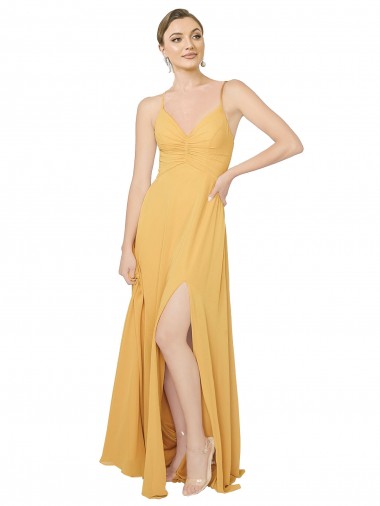 Vendeurs de Safran Trapèze Col V Mousseline Longue Robes demoiselle d'honneur