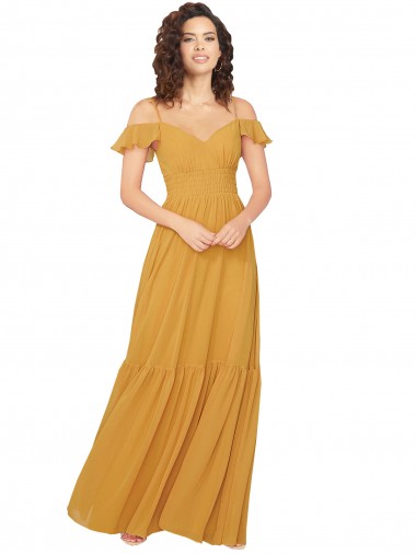 Vendeurs de Safran Trapèze Col V Mousseline Longue Robes demoiselle d'honneur