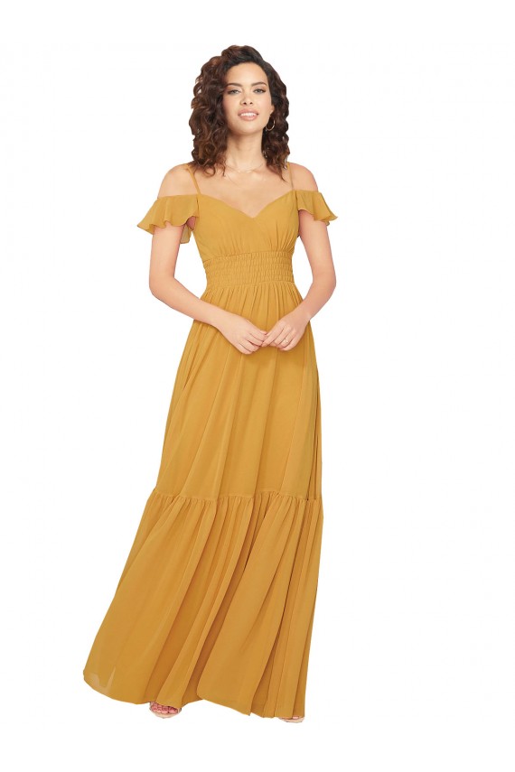 Vendeurs de Safran Trapèze Col V Mousseline Longue Robes demoiselle d'honneur