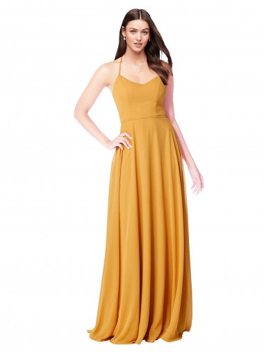 Vendeurs de Safran Trapèze Col V Mousseline Longue Robes demoiselle d'honneur