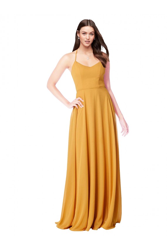 Vendeurs de Safran Trapèze Col V Mousseline Longue Robes demoiselle d'honneur