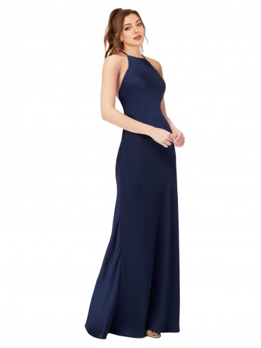 Vendeurs de Saphir Fourreau Col Haut Satiné Soyeux Longue Formelles Robes demoiselle d'honneur / Robes de soirée / Robes de bal