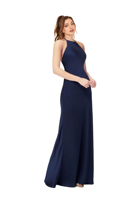Vendeurs de Saphir Fourreau Col Haut Satiné Soyeux Longue Formelles Robes demoiselle d'honneur / Robes de soirée / Robes de bal
