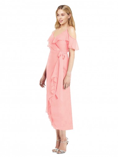 Vendeurs de Saumon Trompette Bretelles spaghetti Col V Mousseline Courte Asymétrique Robes demoiselle d'honneur