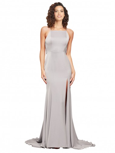 Vendeurs de Trapèze Col Haut Balayage train Satiné Stretch Longue Formelles Robes demoiselle d'honneur / Robes de soirée / Robes de bal