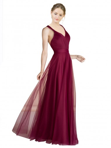 Vendeurs de Trapèze Col V Tulle Longue Robes demoiselle d'honneur