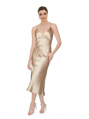 Vendeurs de Trapèze Col V midi Satiné Soyeux Courte Robes demoiselle d'honneur / Robes de soirée / Robes de cocktail