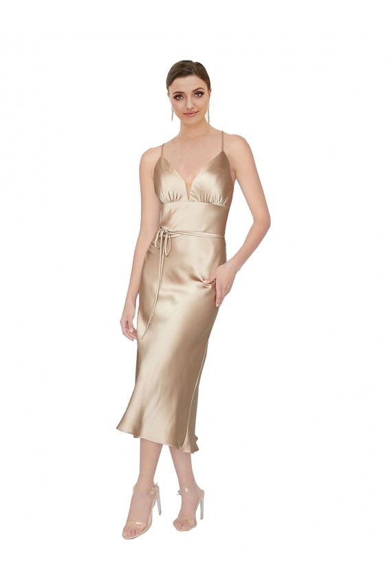 Vendeurs de Trapèze Col V midi Satiné Soyeux Courte Robes demoiselle d'honneur / Robes de soirée / Robes de cocktail