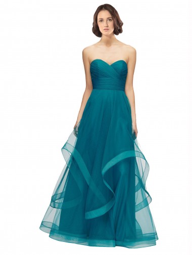 Vendeurs de Turquoise Trapèze Sans bretelle Tulle Longue Robes demoiselle d'honneur