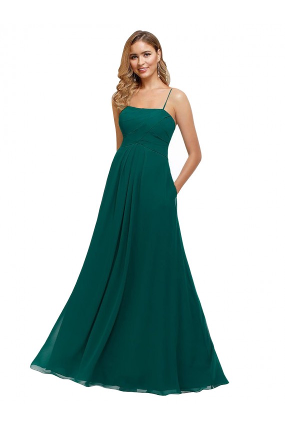 Vendeurs de Vert Chasseur Trapèze Bretelles spaghetti Col Carré Mousseline Longue Robes demoiselle d'honneur