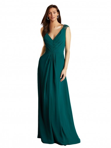 Vendeurs de Vert Chasseur Trapèze Col V Mousseline Dentelle Longue Robes demoiselle d'honneur