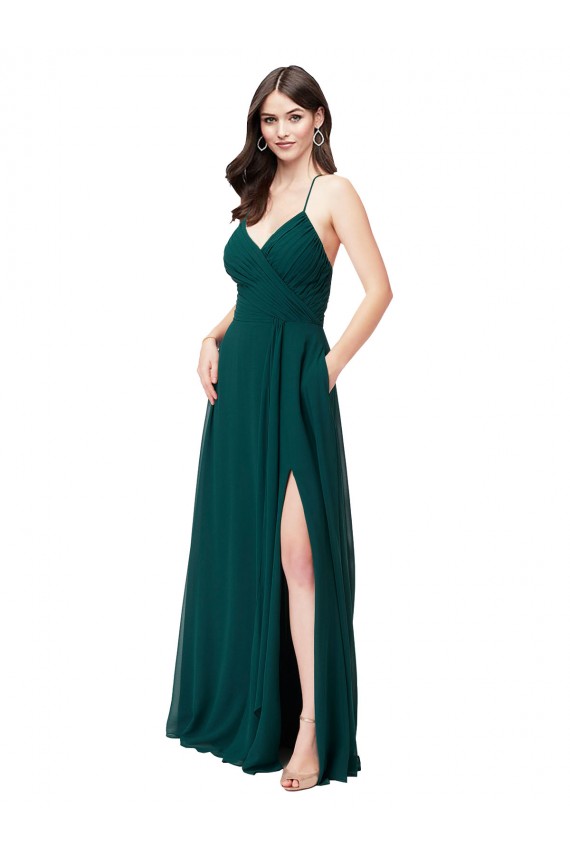 Vendeurs de Vert Chasseur Trapèze Col V Mousseline Longue Robes demoiselle d'honneur