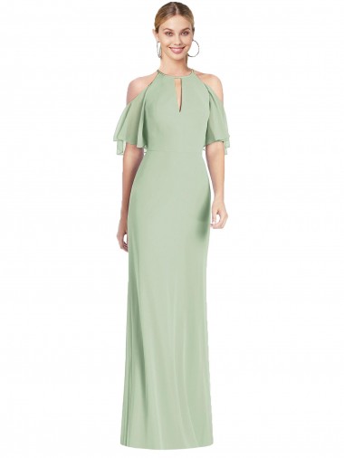 Vendeurs de Vert Sauge Sirène Licou Mousseline Longue Robes demoiselle d'honneur