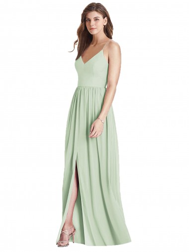 Vendeurs de Vert Sauge Trapèze Bretelles spaghetti Col V Mousseline Longue Robes demoiselle d'honneur