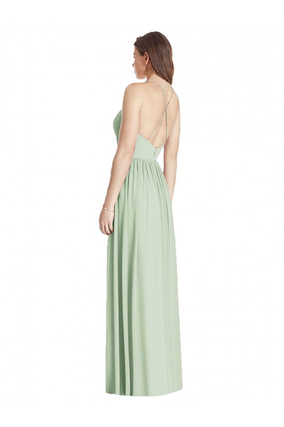 Vendeurs de Vert Sauge Trapèze Bretelles spaghetti Col V Mousseline Longue Robes demoiselle d'honneur