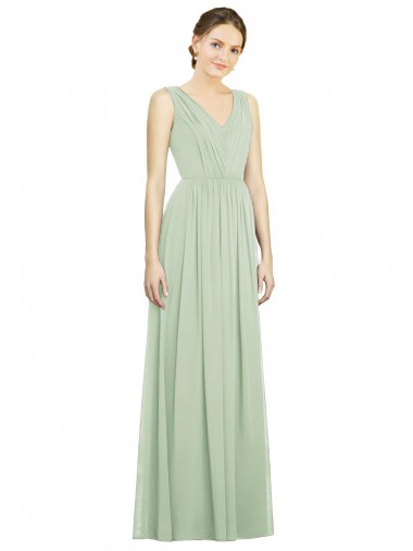 Vendeurs de Vert Sauge Trapèze Col V Mousseline Longue Robes demoiselle d'honneur