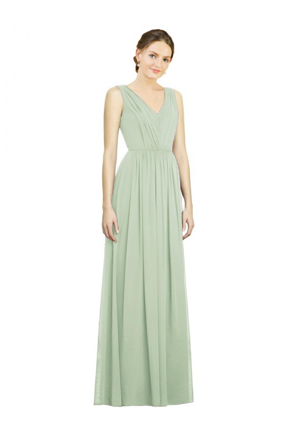 Vendeurs de Vert Sauge Trapèze Col V Mousseline Longue Robes demoiselle d'honneur