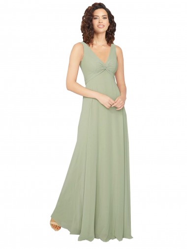 Vendeurs de Vert Sauge Trapèze Col V Mousseline Longue Robes demoiselle d'honneur