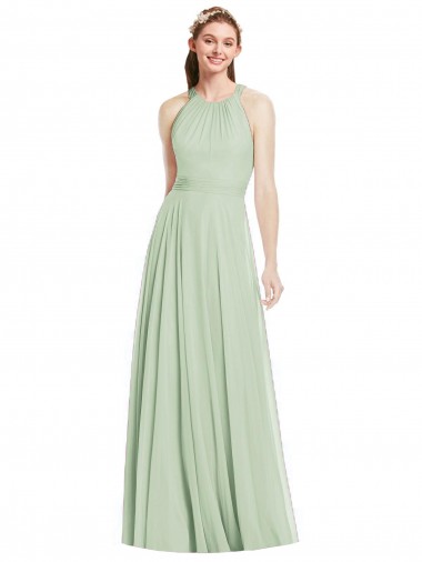 Vendeurs de Vert Sauge Trapèze Licou Mousseline Longue Robes demoiselle d'honneur