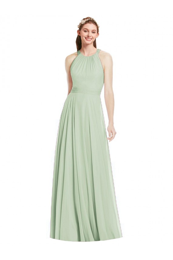 Vendeurs de Vert Sauge Trapèze Licou Mousseline Longue Robes demoiselle d'honneur