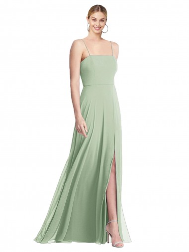 Vendeurs de Vert Sauge Trompette Bretelles spaghetti Col Carré Mousseline Longue Formelles Robes demoiselle d'honneur / Robes de soirée
