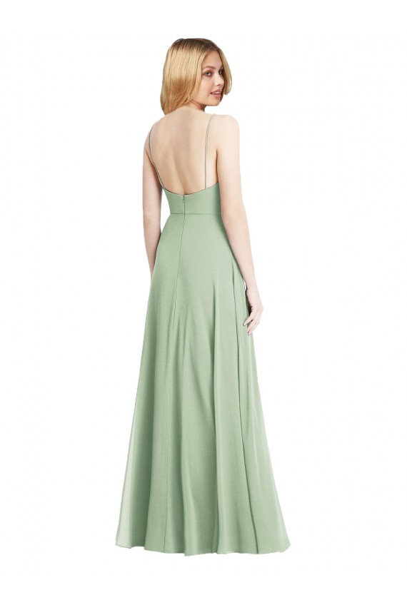 Vendeurs de Vert Sauge Trompette Bretelles spaghetti Col Carré Mousseline Longue Formelles Robes demoiselle d'honneur / Robes de soirée