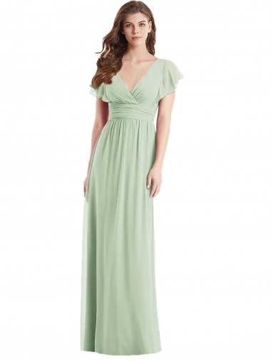 Vendeurs de Vert Sauge Trompette Col V Mousseline Longue Robes demoiselle d'honneur