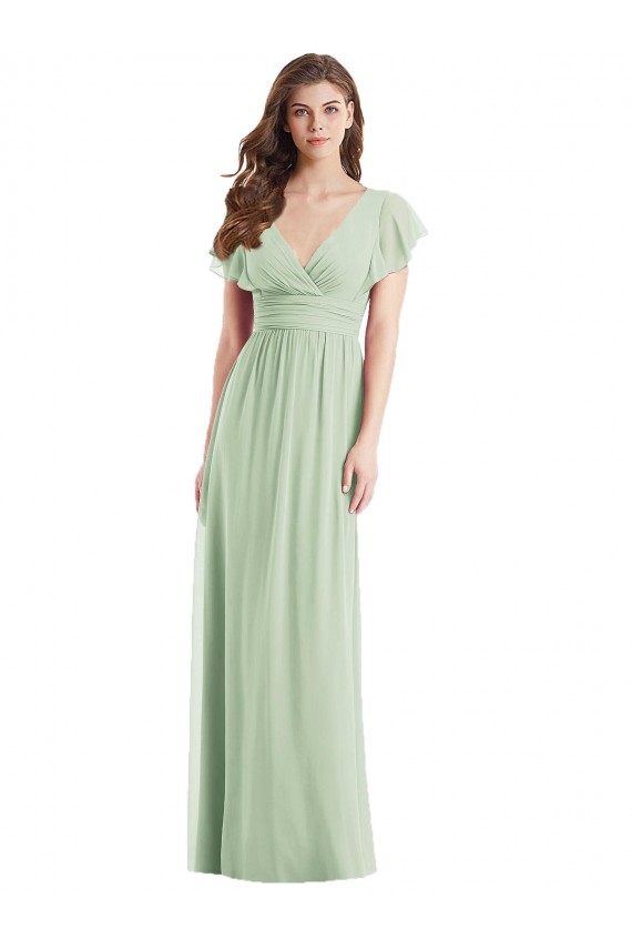 Vendeurs de Vert Sauge Trompette Col V Mousseline Longue Robes demoiselle d'honneur